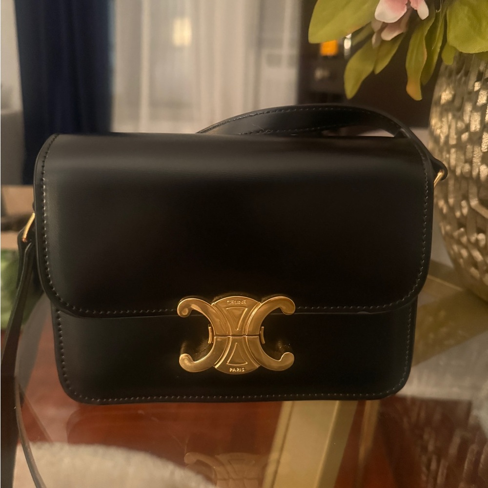 Celine Triomphe Black Shoulder Bag with Gold Accent